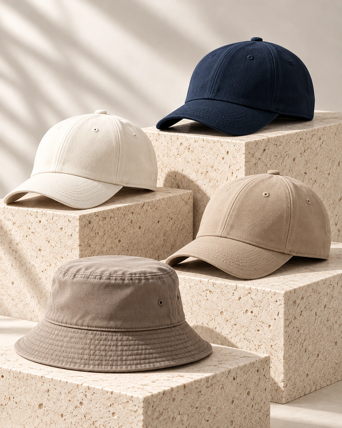 Private-label headwear including baseball caps and a bucket hat in neutral premium colours