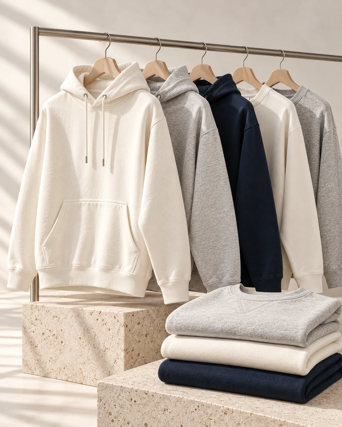 Private-label hoodies and sweatshirts in cream, grey and navy tones on a premium product rail