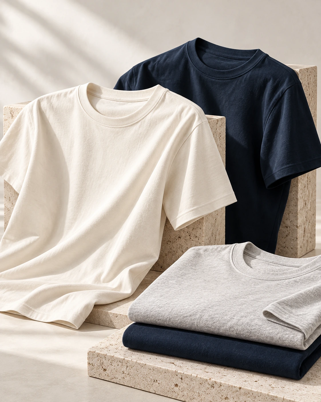 Premium private-label T-shirts and tops in cream, heather grey and navy, presented in a clean editorial product arrangement