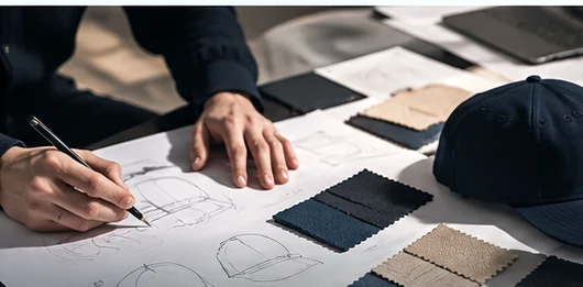 Hands developing a headwear concept with pattern sketches and fabric swatches