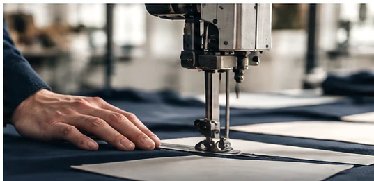 Industrial sewing machine stitching navy fabric in a garment workshop